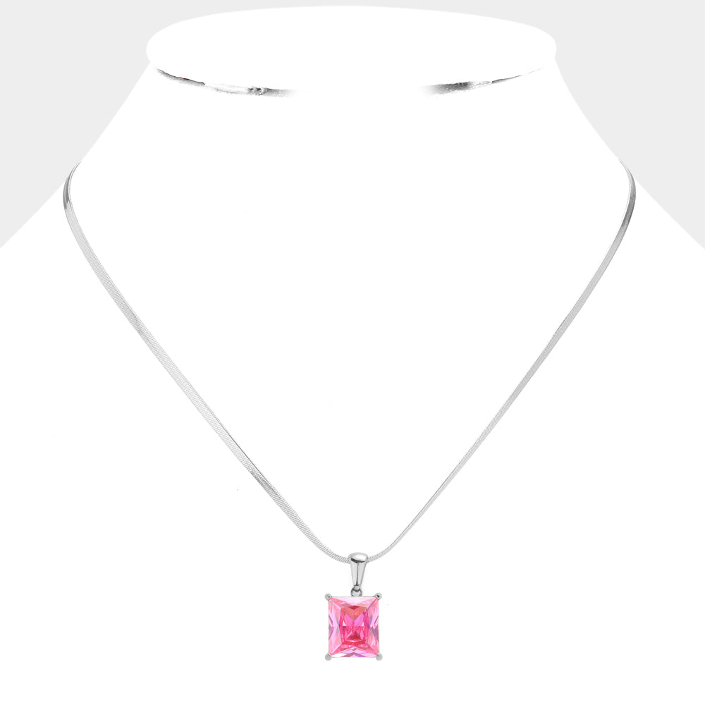 Madeline Love Pink, Rhodium Stainless Steel CZ Rectangle Pendant Necklace - Hair Accessories - desc