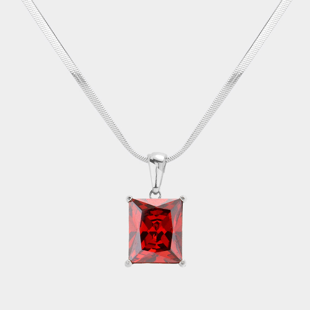Madeline Love Red, Rhodium Stainless Steel CZ Rectangle Pendant Necklace - Hair Accessories