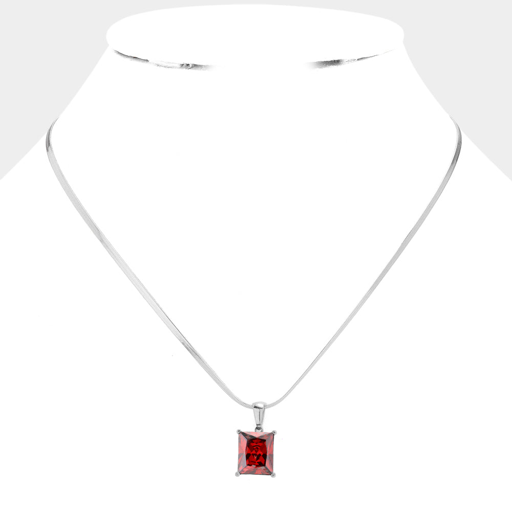 Madeline Love Red, Rhodium Stainless Steel CZ Rectangle Pendant Necklace - Hair Accessories - desc