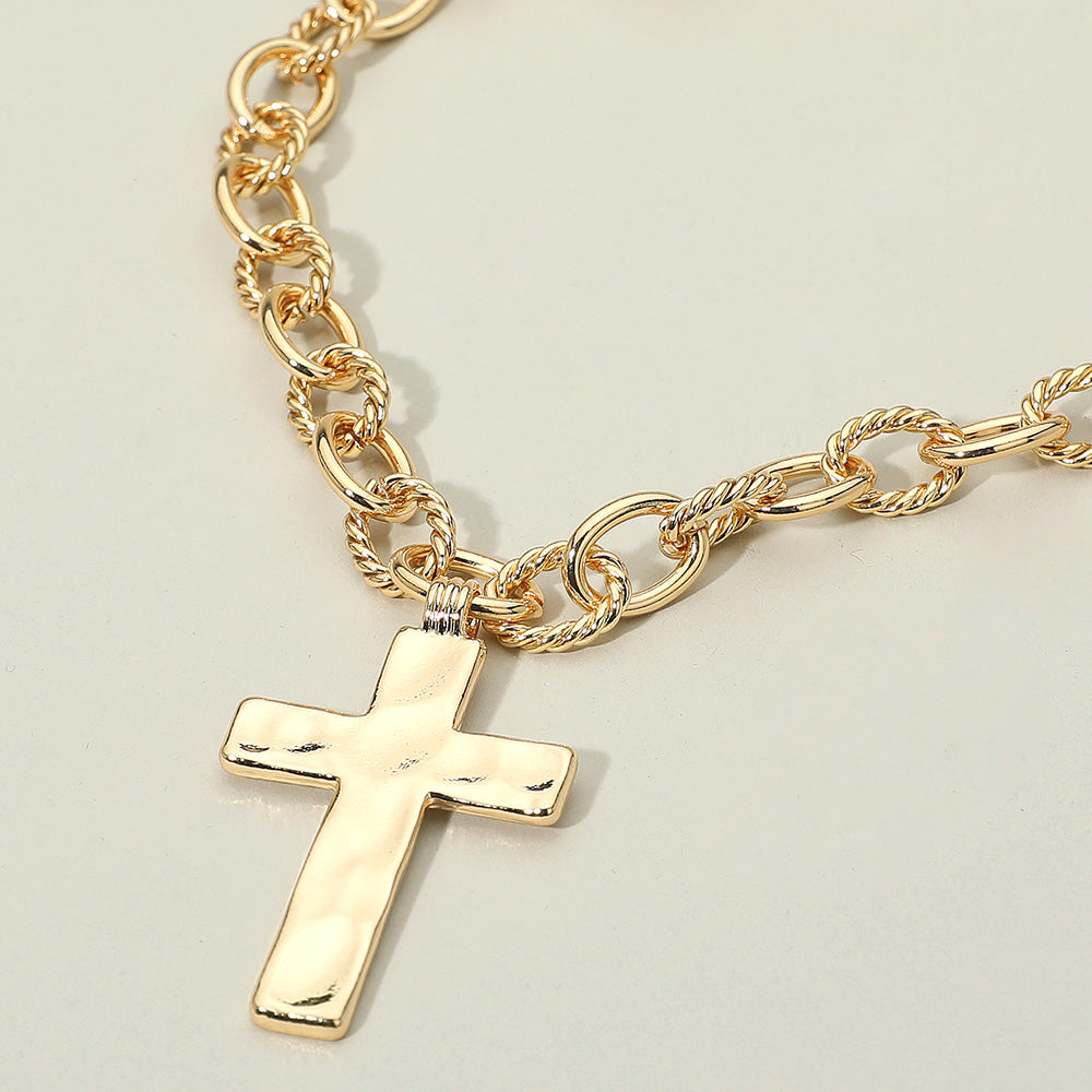 Madeline Love Gold Hammered Metal Cross Chunky Textured Chain Necklace - Necklaces