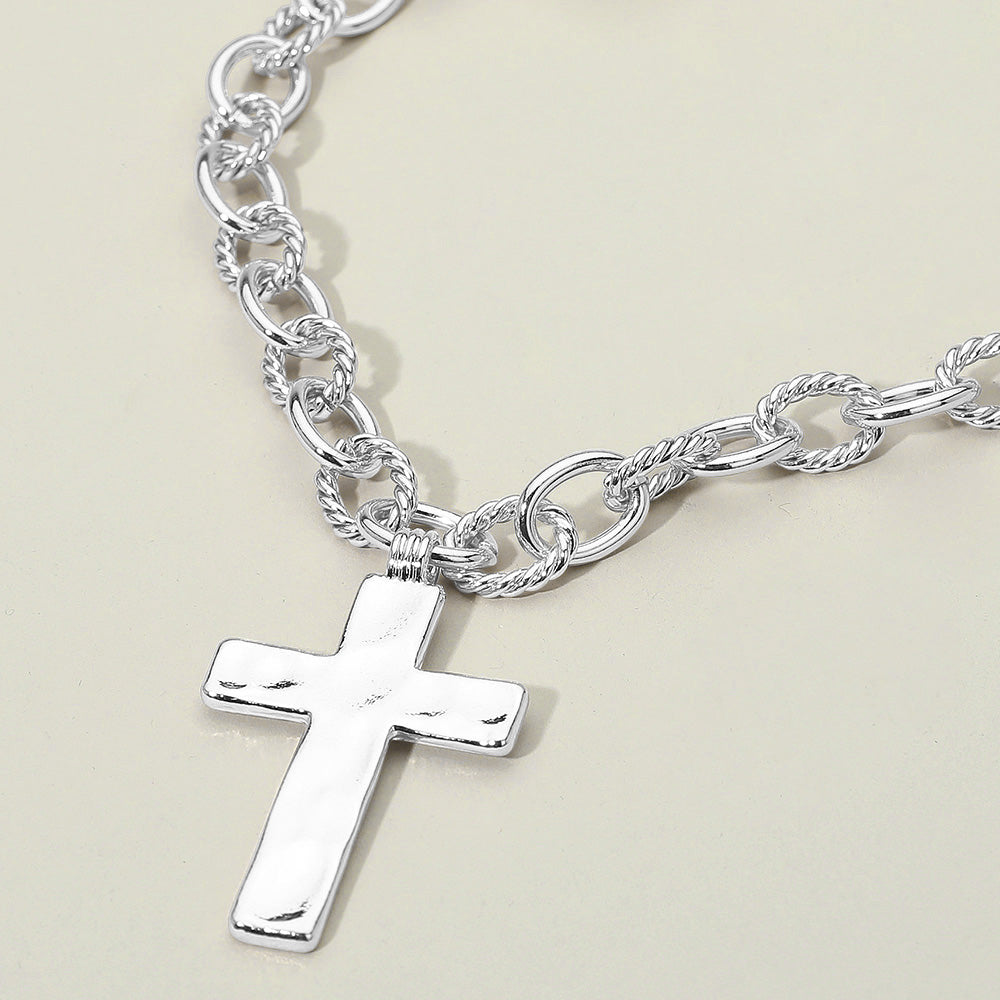 Madeline Love Silver Hammered Metal Cross Chunky Textured Chain Necklace - Necklaces