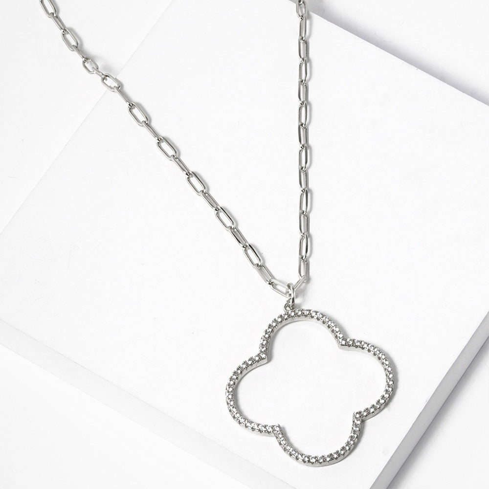 Madeline Love Clear, Rhodium White Gold Dipped CZ Stone Paved Open Quatrefoil Pendant Necklace - Jewelry