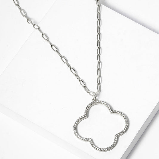 Madeline Love Clear, Rhodium White Gold Dipped CZ Stone Paved Open Quatrefoil Pendant Necklace - Jewelry