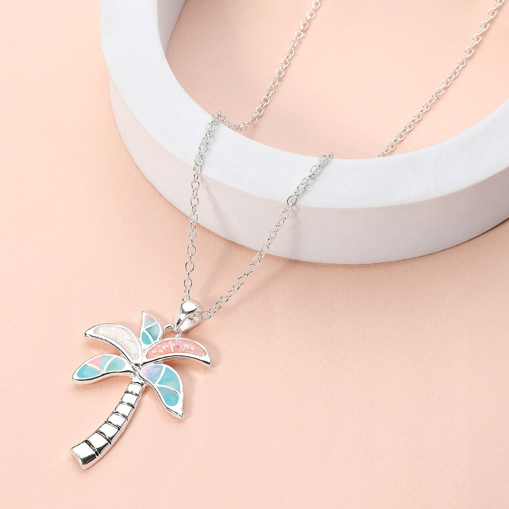 Antique Silver, Multi Sea Glass Palm Tree Pendant Necklace