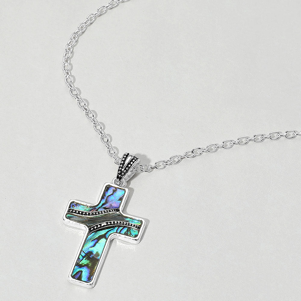 Madeline Love Abalone, Antique Silver Abalone Cross Pendant Necklace - Jewelry