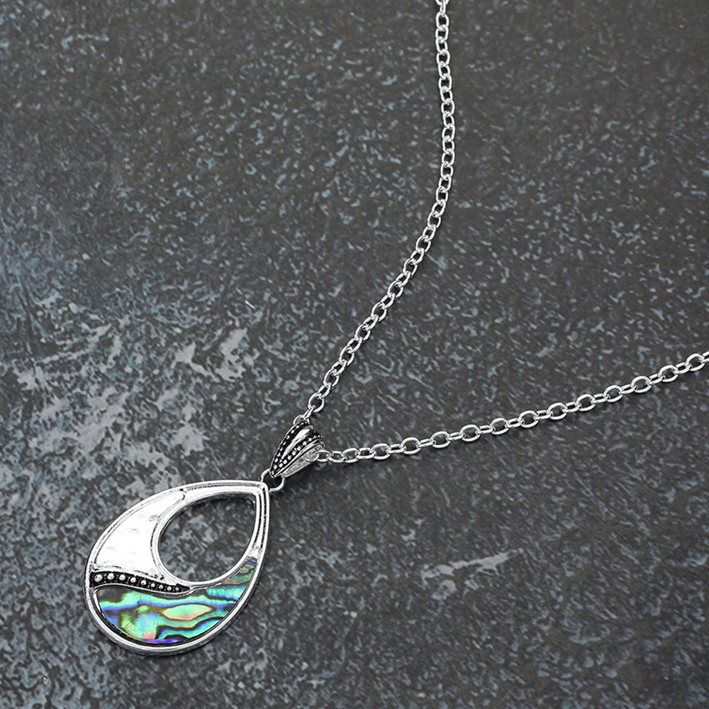 Madeline Love Antique Silver Antique Metal Abalone Open Teardrop Pendant Necklace - Jewelry