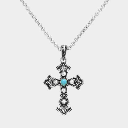 Madeline Love Silver Burnished, Turquoise Natural Stone Pointed Western Cross Pendant Necklace - Hair Accessories
