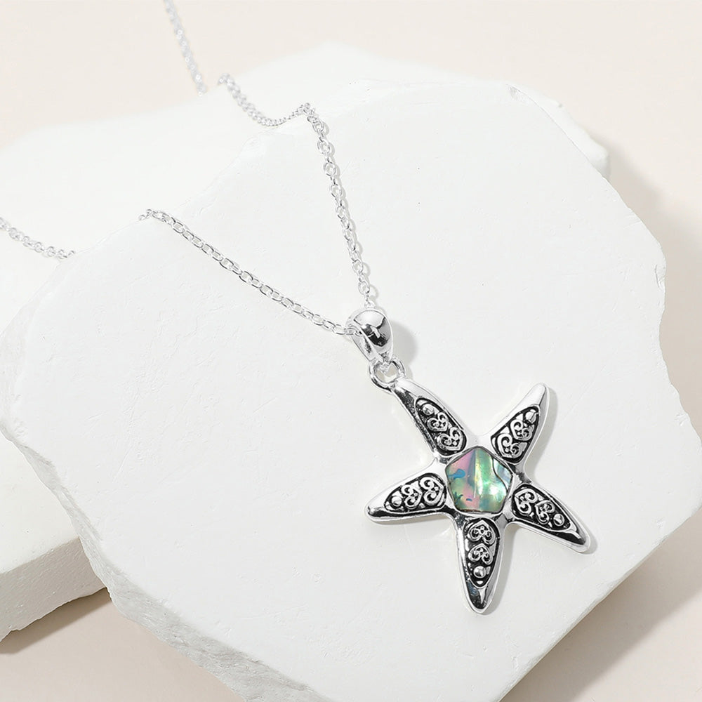 Abalone, Antique Silver Antique Metal Abalone Pointed Starfish Pendant Necklace