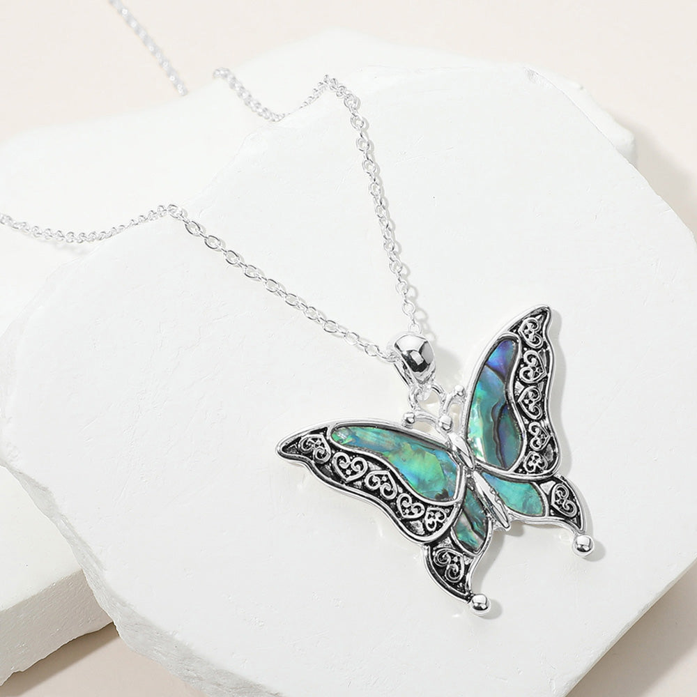 Madeline Love Abalone, Antique Silver Antique Metal Abalone Pointed Butterfly Pendant Necklace - Jewelry