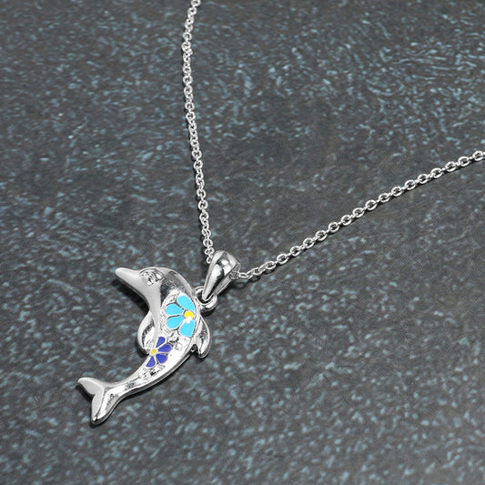 Madeline Love Multi, Silver Enamel Flower Dolphin Pendant Necklace - Jewelry