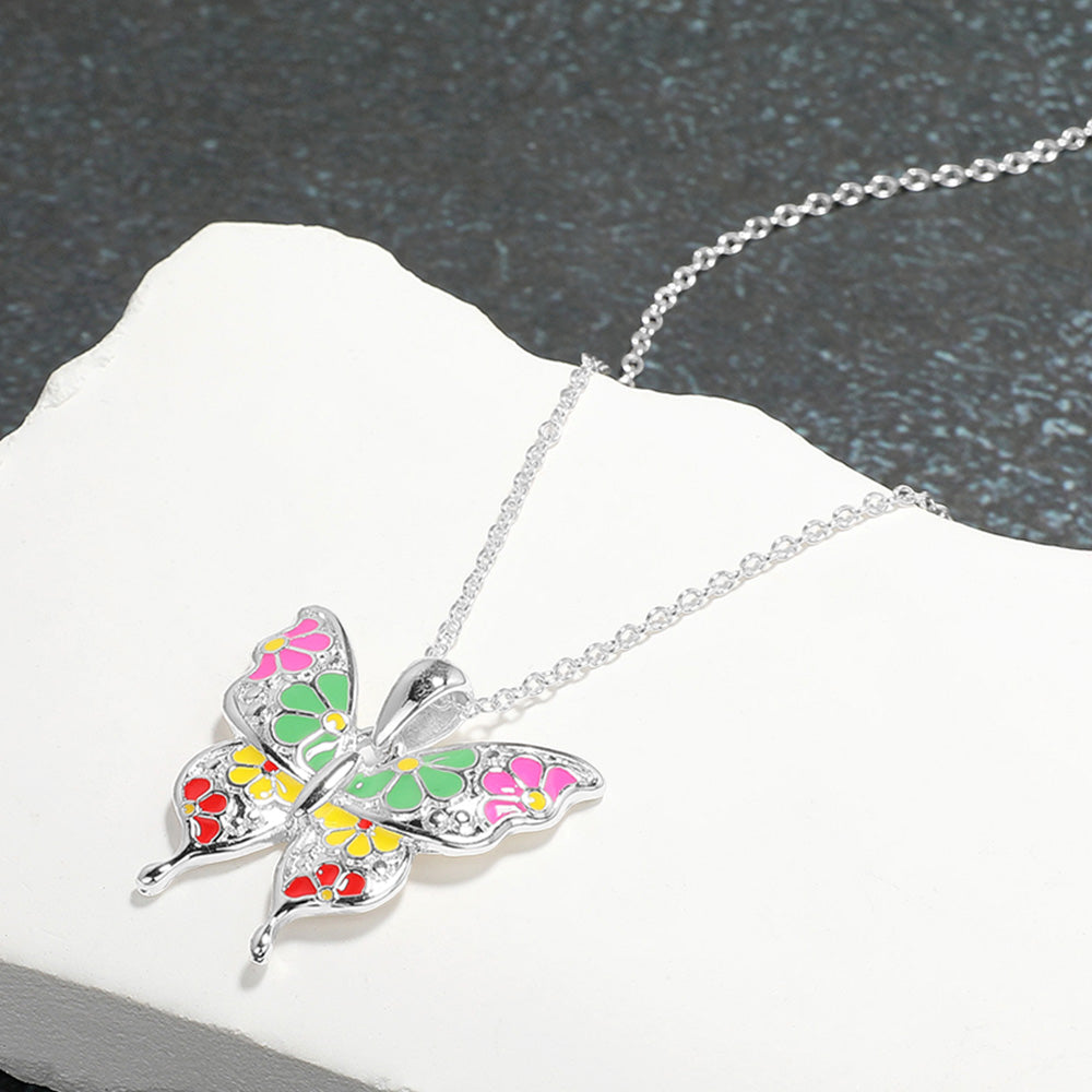 Madeline Love Multi, Silver Enamel Flower Butterfly Pendant Necklace - Jewelry