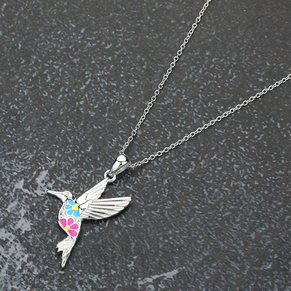 Madeline Love Multi, Silver Enamel Flower Metal Bird Pendant Necklace - Jewelry