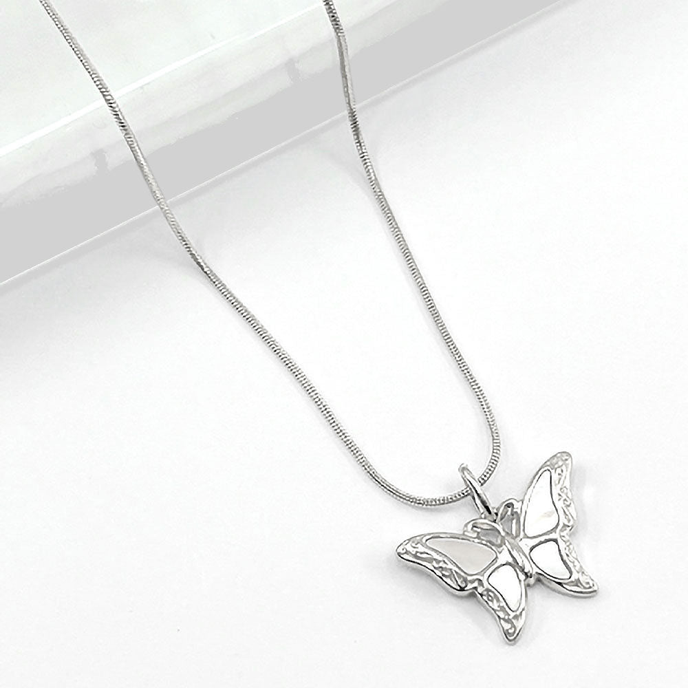 Madeline Love Rhodium Stainless Steel Mother of Pearl Butterfly Pendant Necklace - Jewelry
