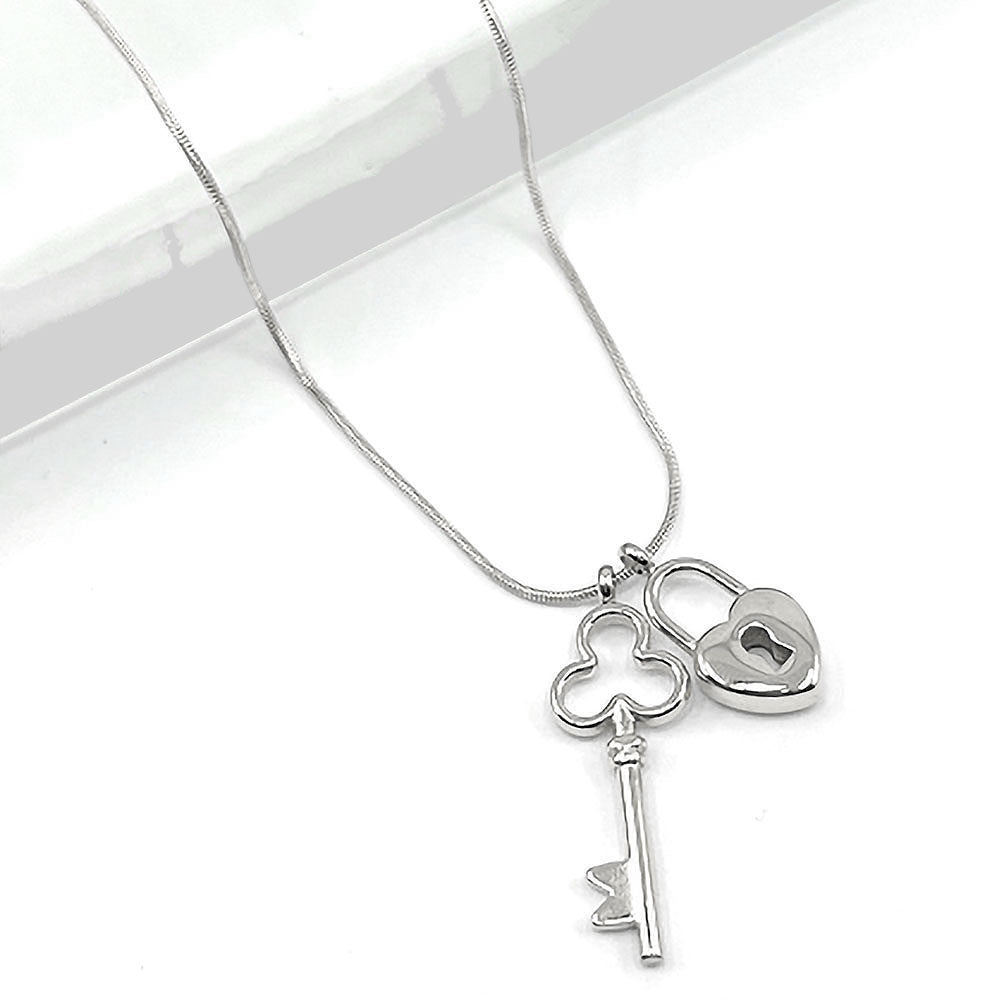 Madeline Love Rhodium Stainless Steel Heart Lock Clover Key Pendant Necklace - Hair Accessories