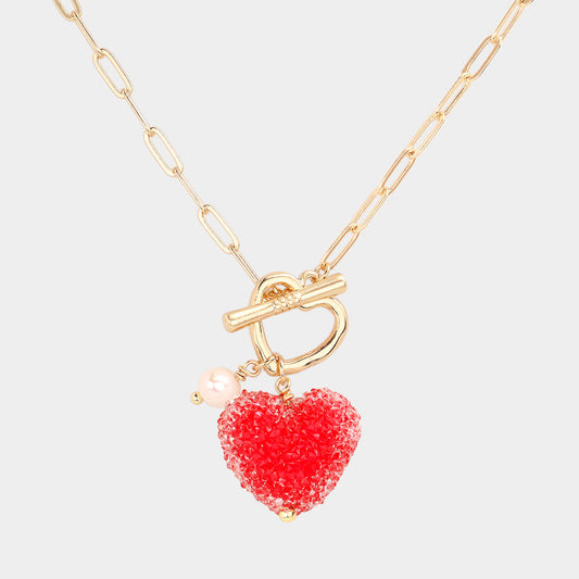 Madeline Love Red Heart Pearl Pendant Toggle Necklace - Necklaces