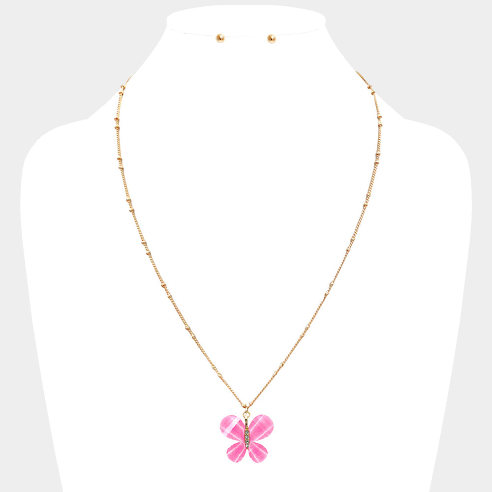 Madeline Love Fuchsia Glittered Resin Butterfly Pendant Necklace - Necklaces