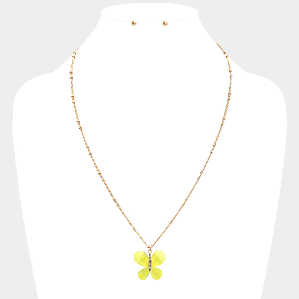 Madeline Love Yellow Glittered Resin Butterfly Pendant Necklace - Necklaces