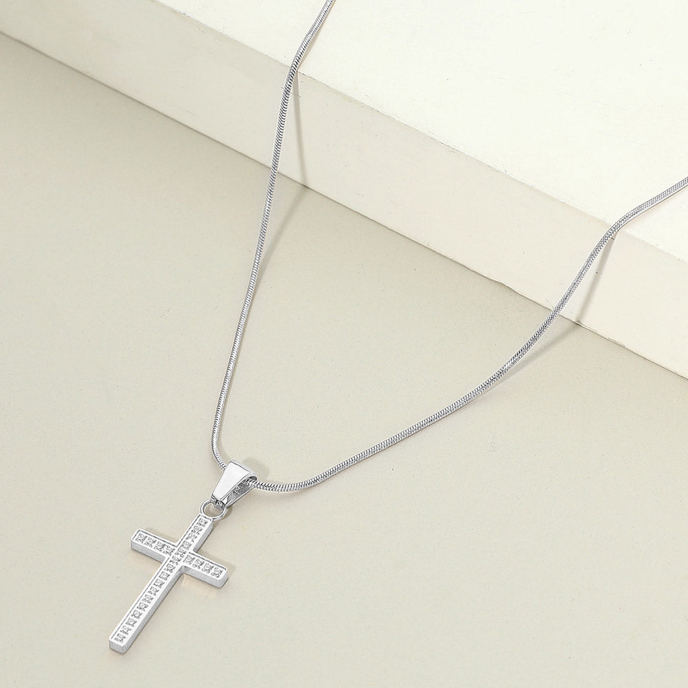 Madeline Love Rhodium Stainless Steel Stone Paved Cross Pendant Necklace - Jewelry