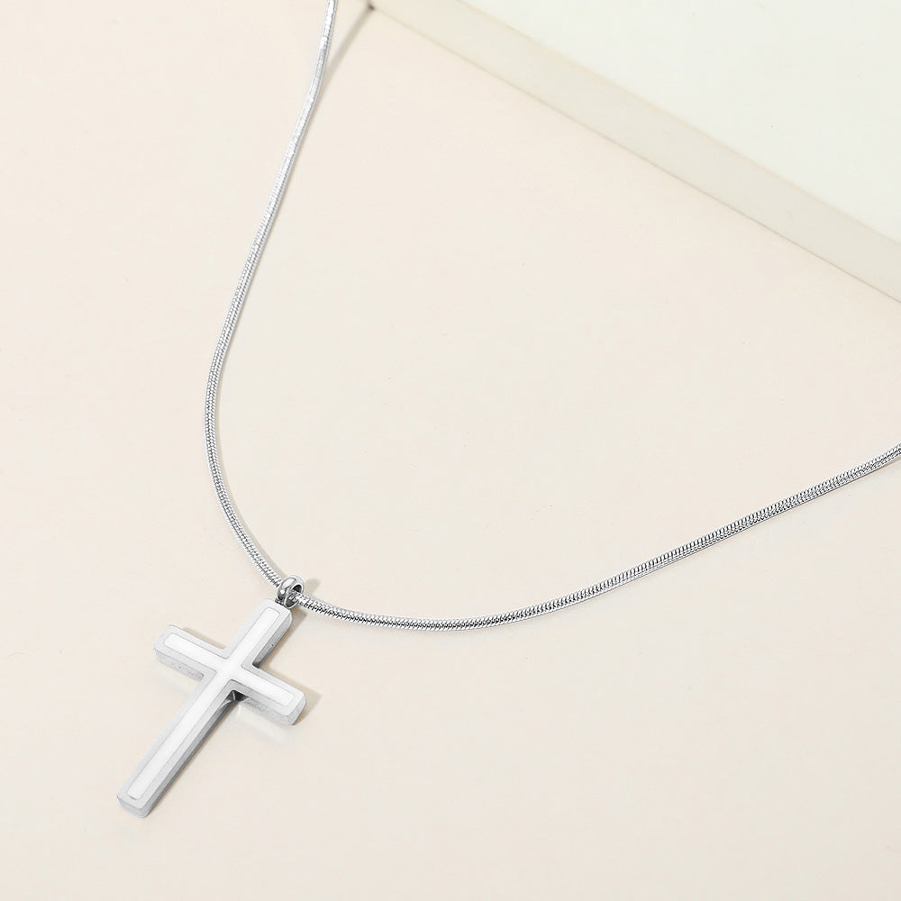 Madeline Love Rhodium Stainless Steel Cross Pendant Snake Chain Necklace - Necklaces