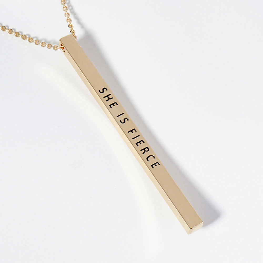 Madeline Love Gold SHE IS FIERCE Brass Metal Bar Pendant Necklace - Necklaces
