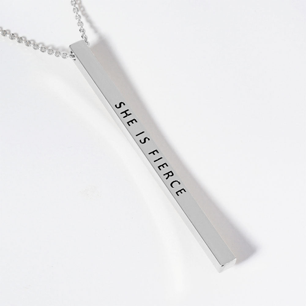 Madeline Love Rhodium SHE IS FIERCE Brass Metal Bar Pendant Necklace - Necklaces