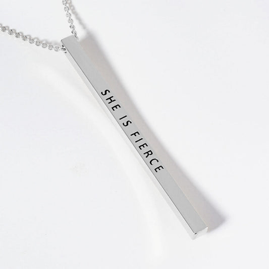 Madeline Love Rhodium SHE IS FIERCE Brass Metal Bar Pendant Necklace - Necklaces