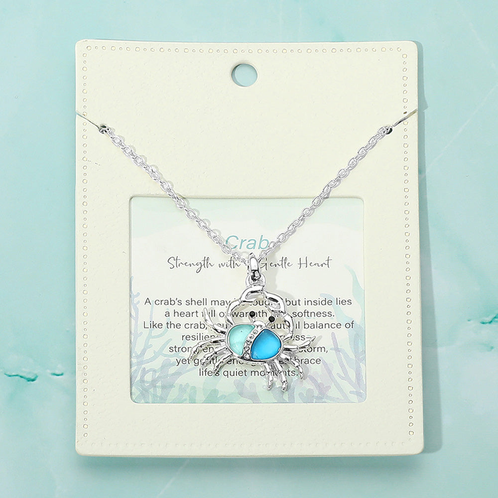 Blue, Silver Sea Glass Stone Paved Crab Message Pendant Necklace