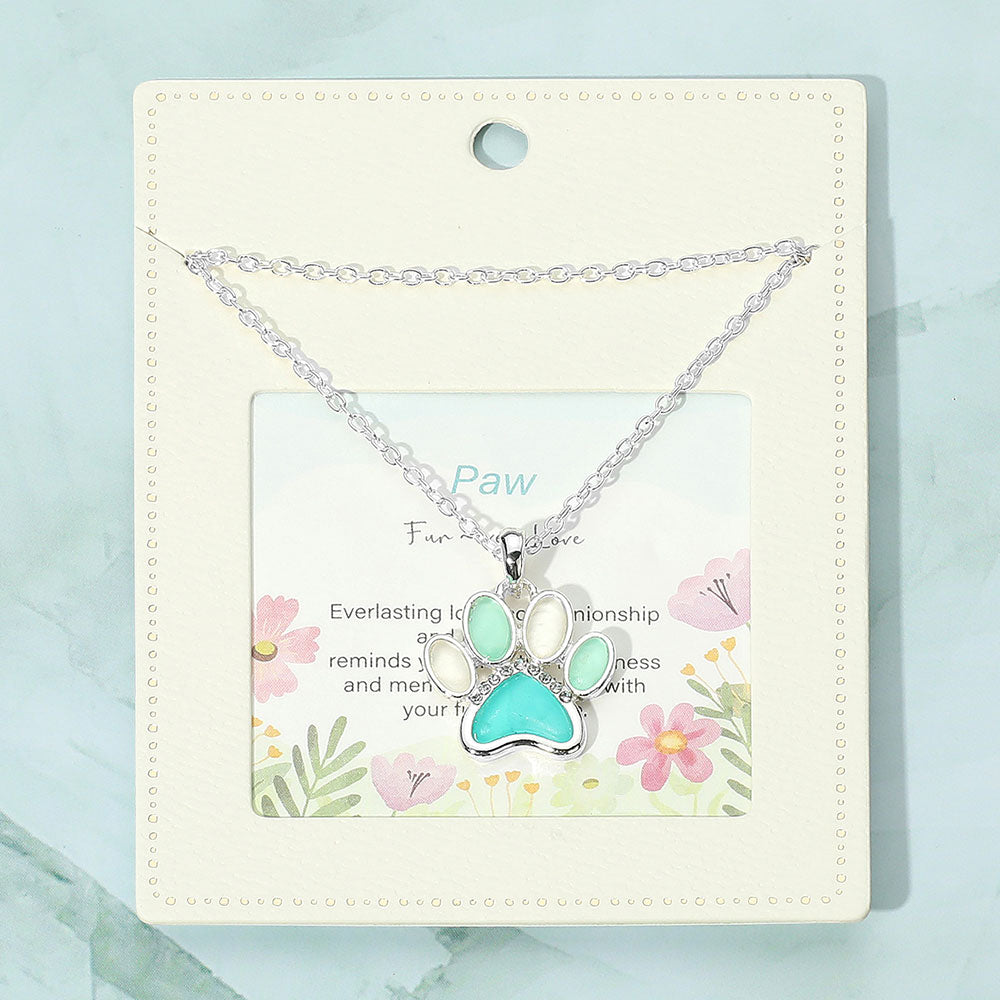 Blue, Silver Sea Glass Paw Pendant Necklace