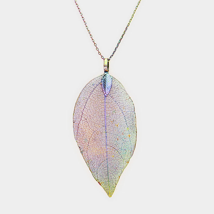 Madeline Love Rhodium, Multi, AB Natural Dipped Filigree Leaf Pendant Necklace - Necklaces