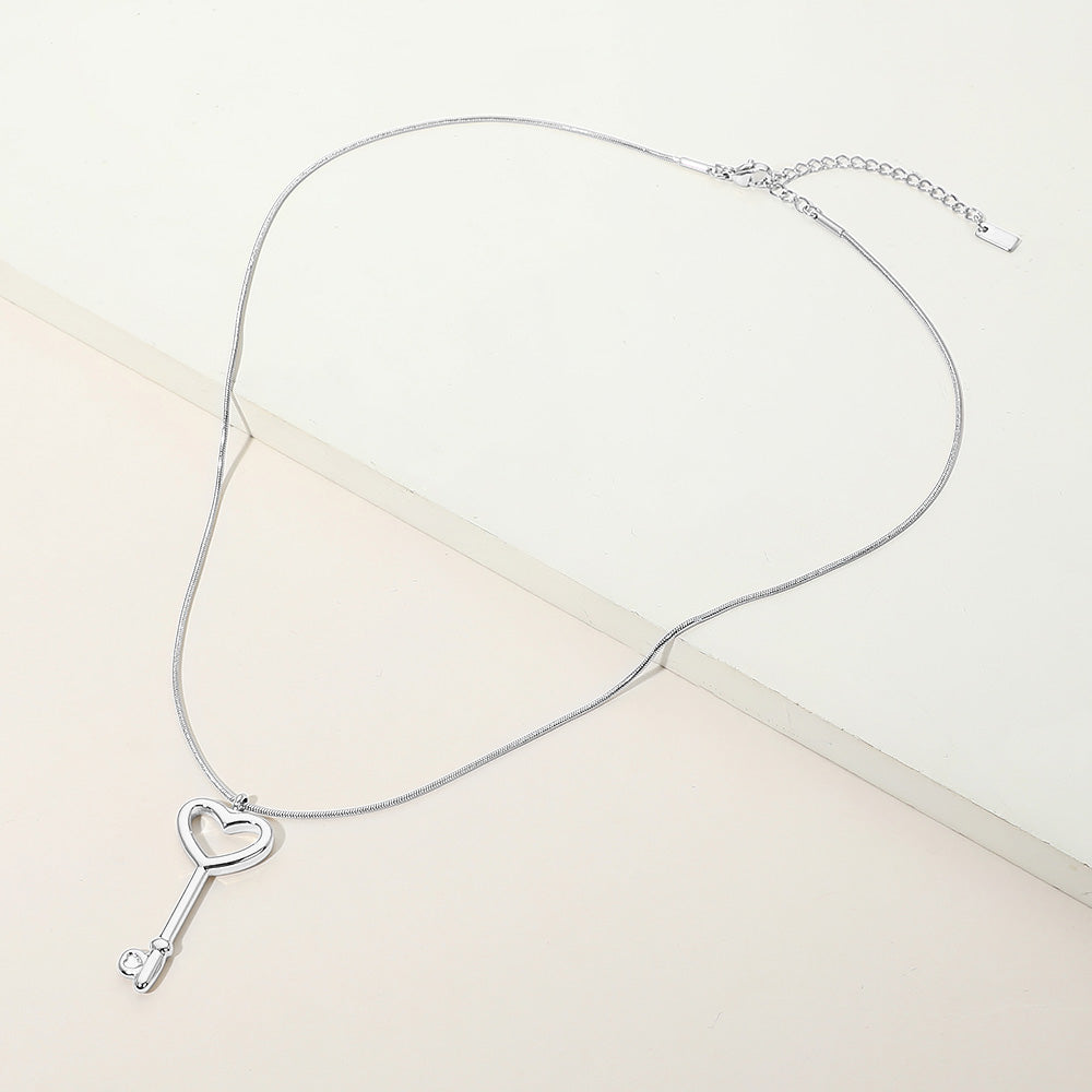 Madeline Love Rhodium Stainless Steel Heart Key Pendant Snake Chain Necklace - Hair Accessories - desc
