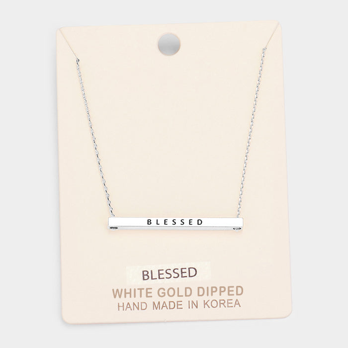 Madeline Love Rhodium, White Gold 'Blessed' Horizontal Metal Bar Pendant Necklace - Necklaces