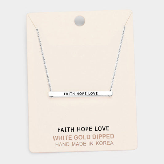 Madeline Love Rhodium 'Faith Hope Love' Horizontal Metal Bar Pendant Necklace - Necklaces