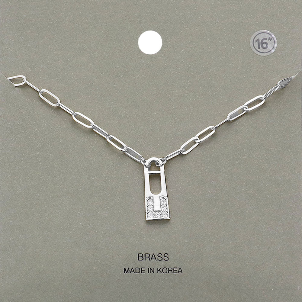 Madeline Love Rhodium Brass Metal Stone Paved Lock Pendant Necklace - Necklaces