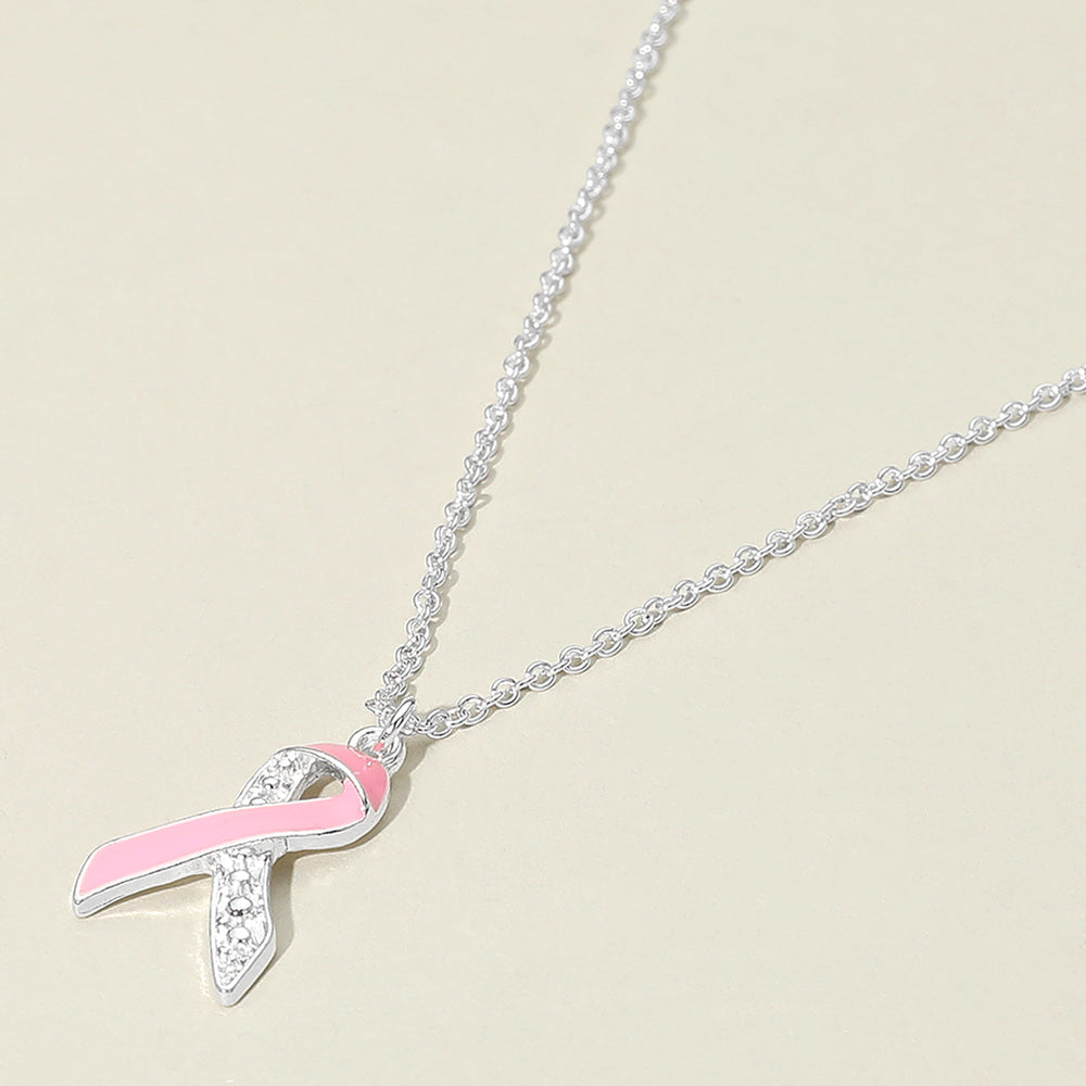 Madeline Love Pink, Silver Stone Paved Enamel Pink Ribbon Pendant Necklace - Jewelry