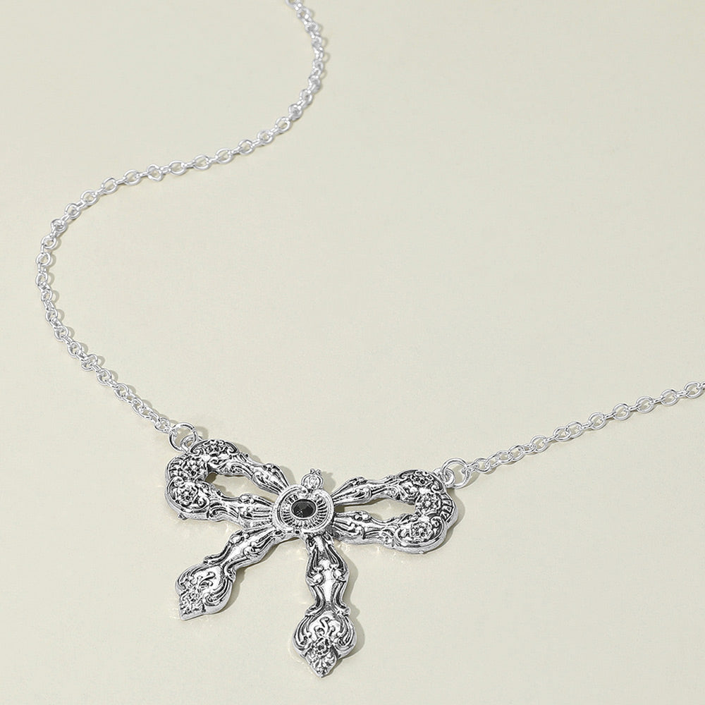 Madeline Love Antique Silver Stone Accent Antique Metal Vintage Bow Pendant Necklace - Jewelry