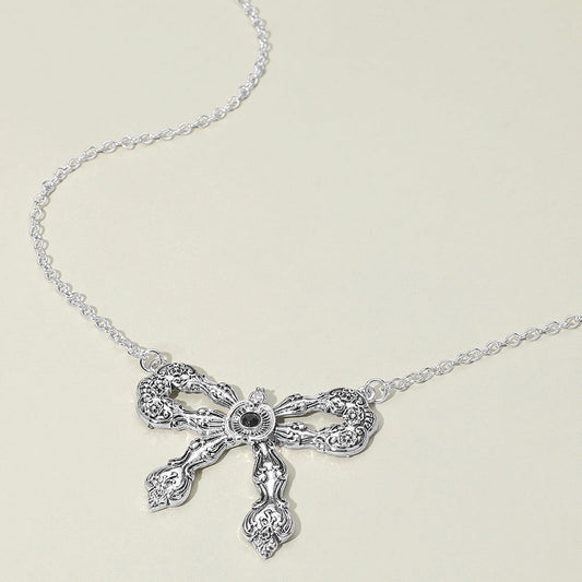 Madeline Love Antique Silver Stone Accent Antique Metal Vintage Bow Pendant Necklace - Jewelry