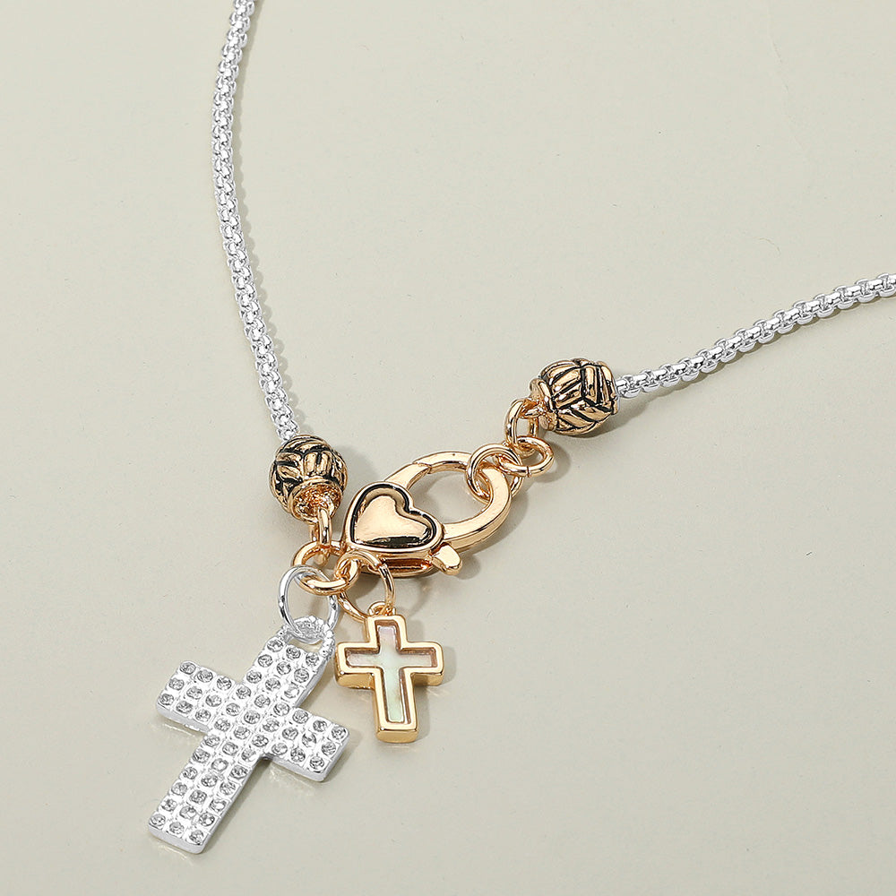 Madeline Love Two Tone Stone Paved Mother of Pearl Cross Charm Pendant Necklace - Necklaces