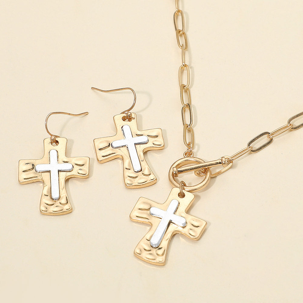Madeline Love Two Tone, Worn Gold Brushed Hammered Metal Cross Pendant Paperclip Chain Toggle Necklace - Jewelry