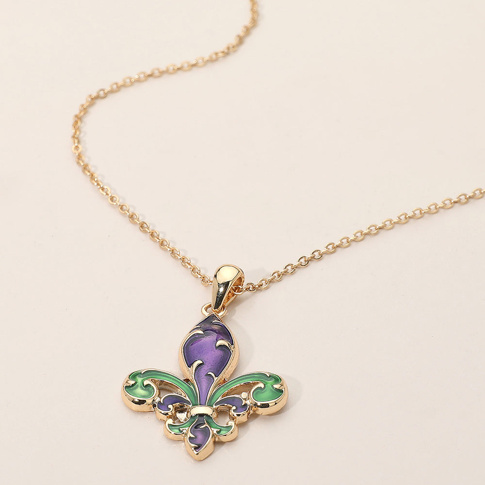 Gold, Multi Enamel Fleur de Lis Pendant Necklace