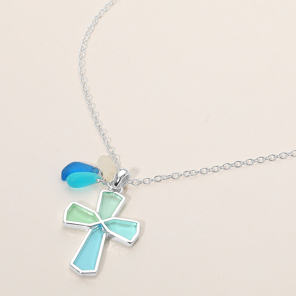 Madeline Love Blue, Silver Sea Glass Coastal Cross Pendant Necklace - Jewelry