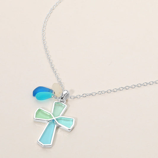 Madeline Love Blue, Silver Sea Glass Coastal Cross Pendant Necklace - Jewelry