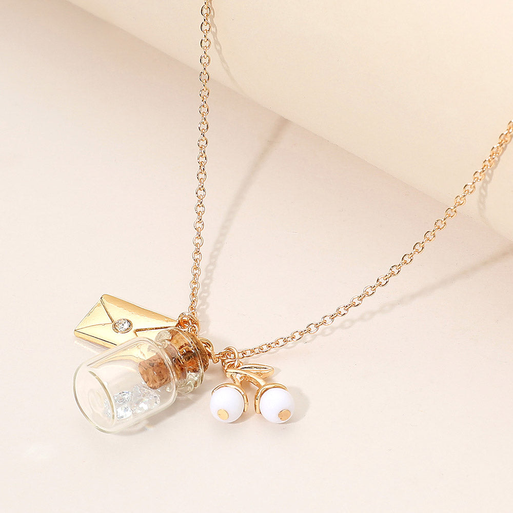 Madeline Love Clear, Gold Whimsical Glass Bottle Envelope Cherry Charm Pendant Necklace - Jewelry