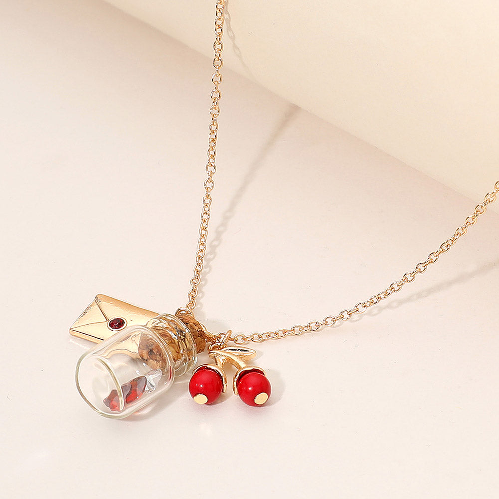 Madeline Love Gold, Red Whimsical Glass Bottle Envelope Cherry Charm Pendant Necklace - Jewelry