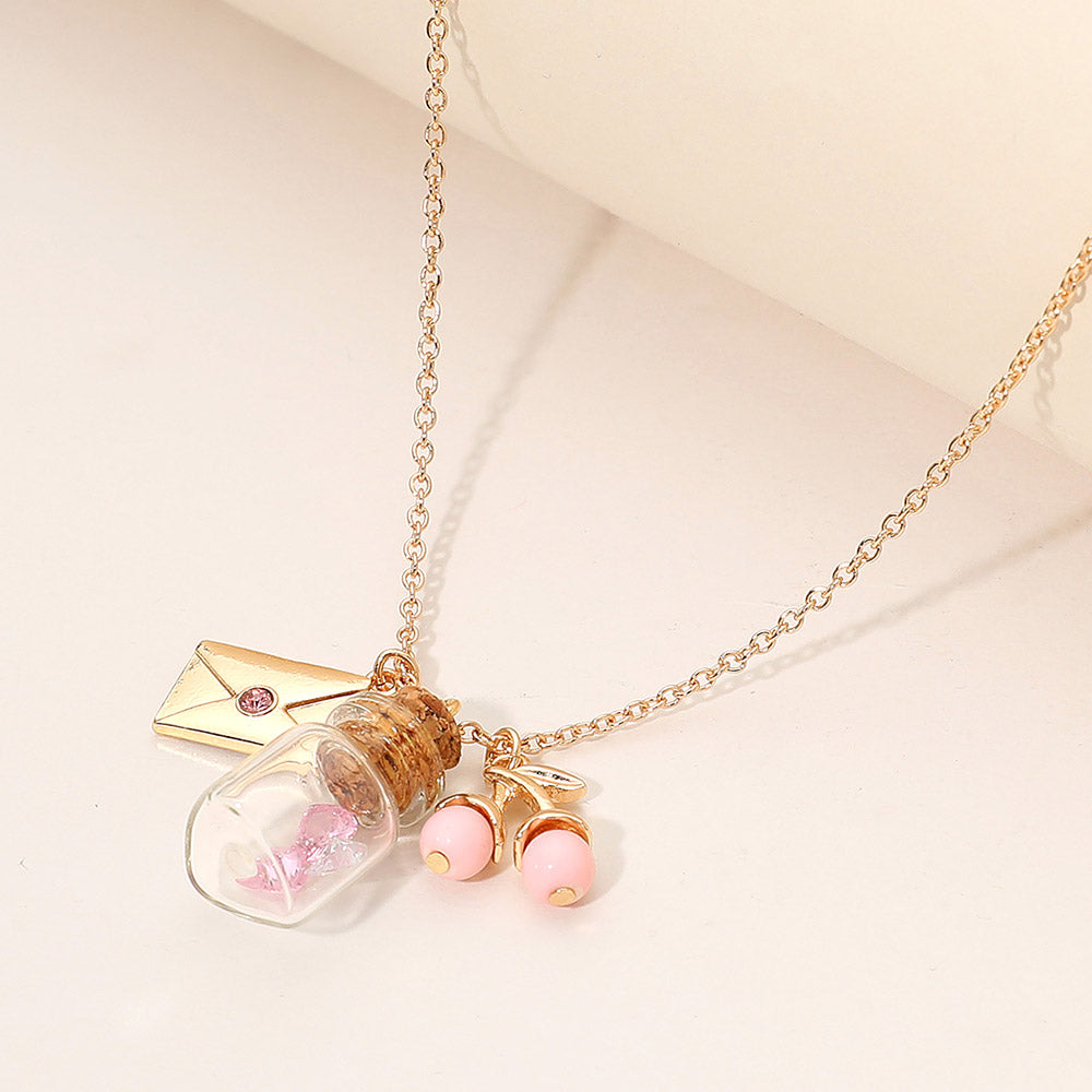 Madeline Love Gold, Pink Whimsical Glass Bottle Envelope Cherry Charm Pendant Necklace - Jewelry
