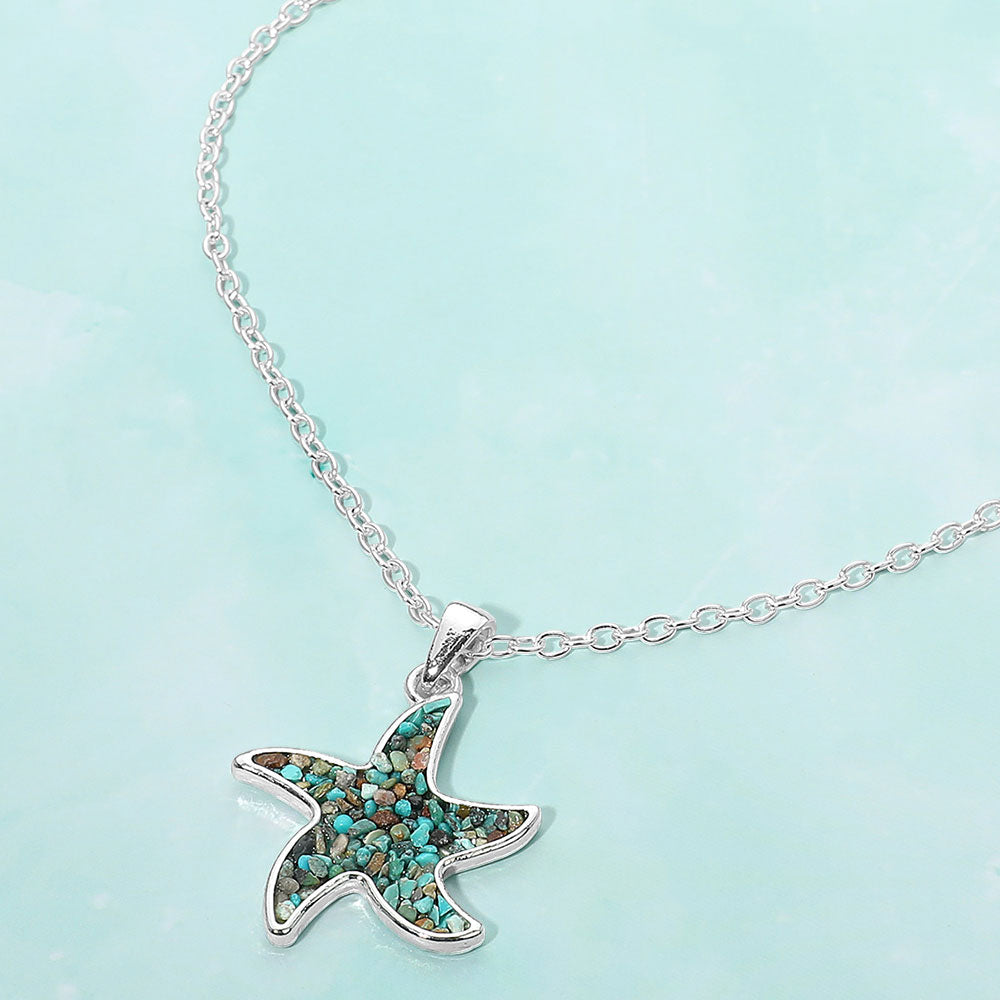 Madeline Love Silver, Turquoise Crushed Pebble Starfish Pendant Necklace - Jewelry
