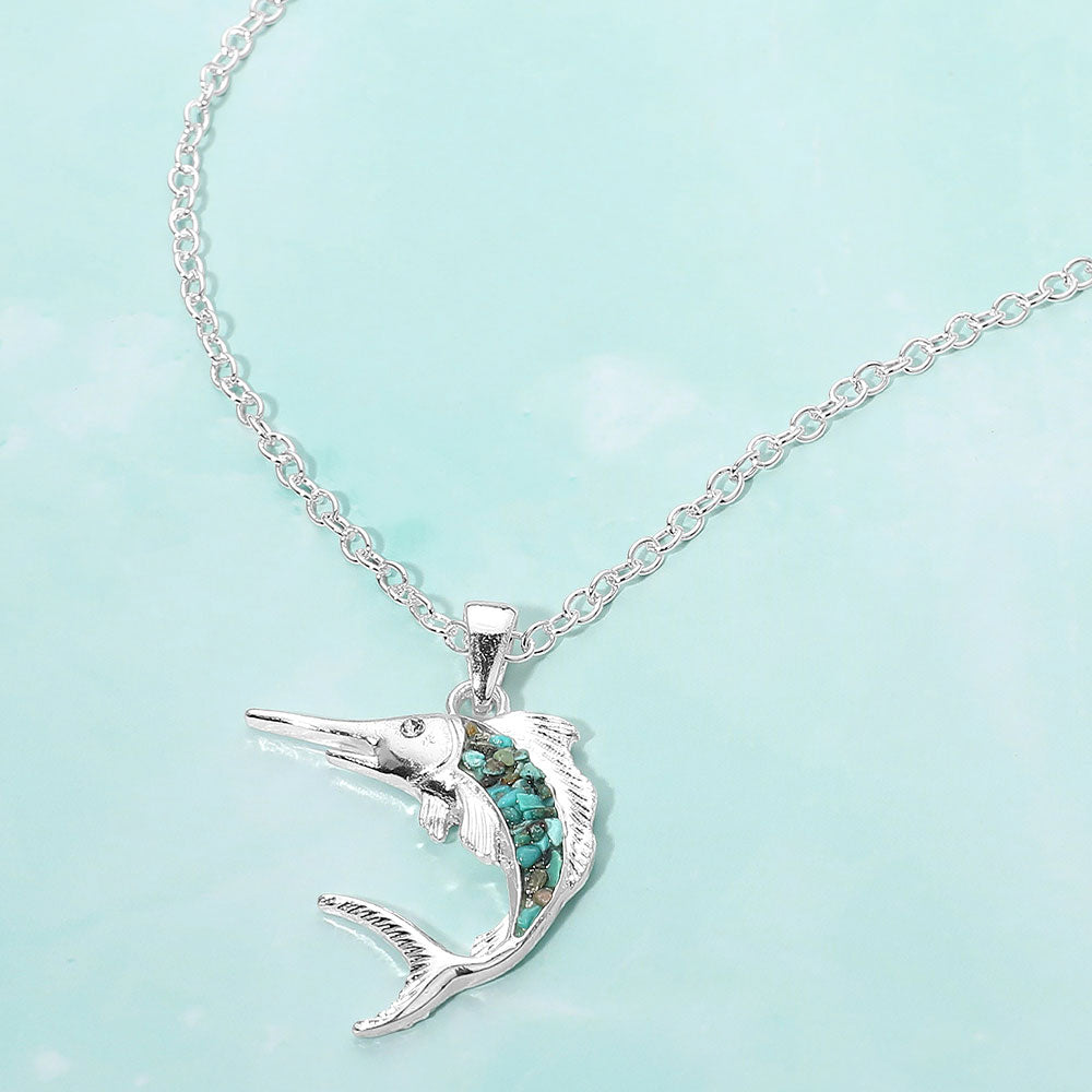 Madeline Love Silver, Turquoise Crushed Pebble Swordfish Pendant Necklace - Jewelry