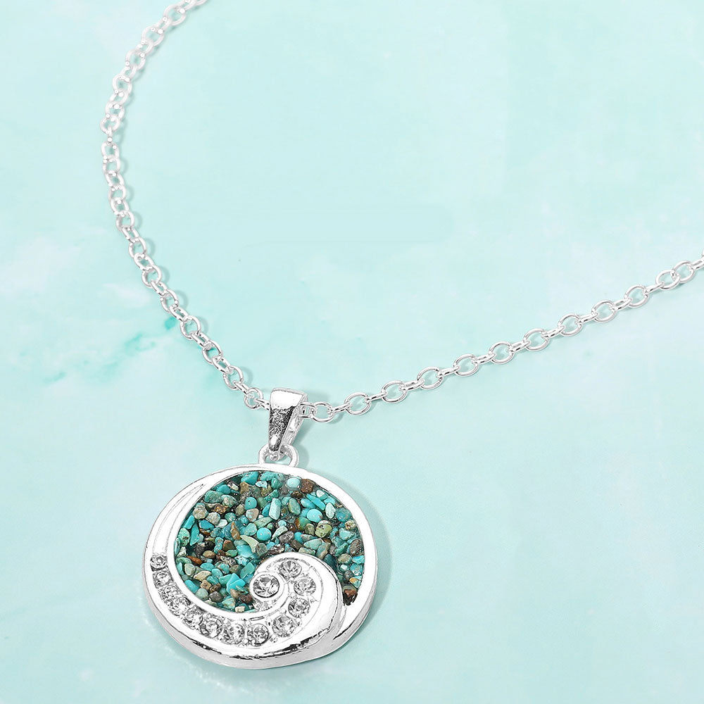 Madeline Love Silver, Turquoise Crushed Pebble Swirl Wave Round Pendant Necklace - Jewelry