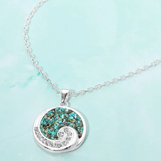 Madeline Love Silver, Turquoise Crushed Pebble Swirl Wave Round Pendant Necklace - Jewelry