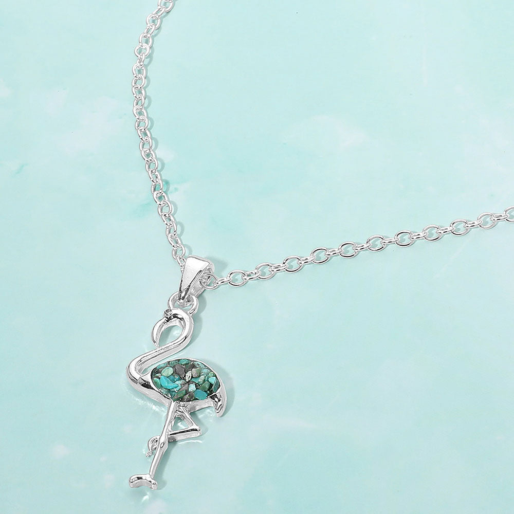 Madeline Love Silver, Turquoise Crushed Pebble Flamingo Pendant Necklace - Jewelry