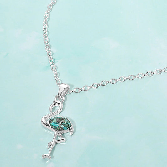 Madeline Love Silver, Turquoise Crushed Pebble Flamingo Pendant Necklace - Jewelry